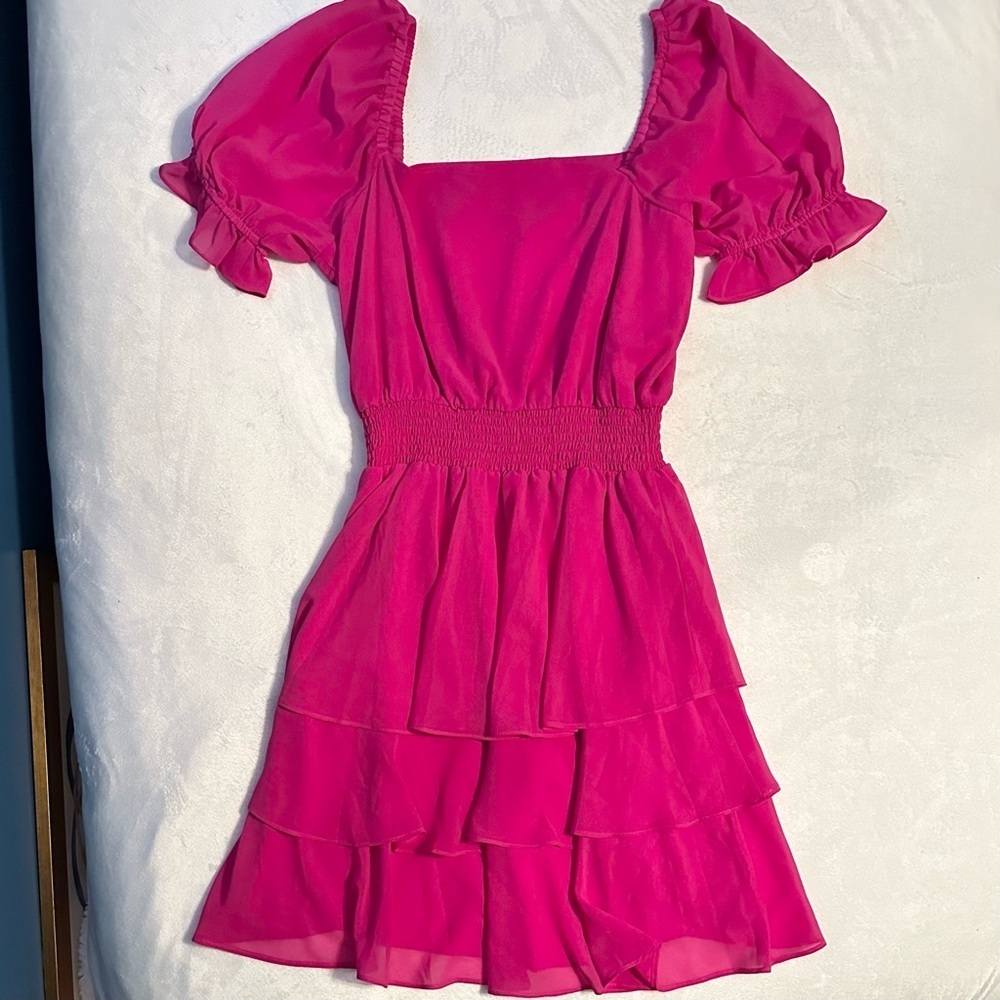 Leyden Hot Pink Fuchsia Tiered Ruffle Mini Dress S Off Shoulder Short Sleeve